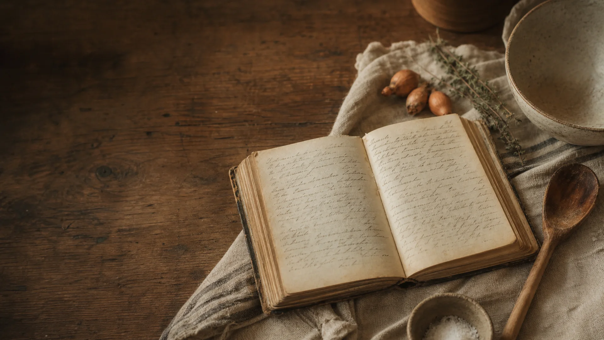 Ein altes handgeschriebenes Rezeptbuch auf einem warmen Holztisch